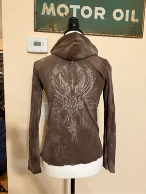 Sledge USA Zip Up Hoodie Women M Brown Studded Y2K Grunge Cyber Goth Wings thumbnail 7