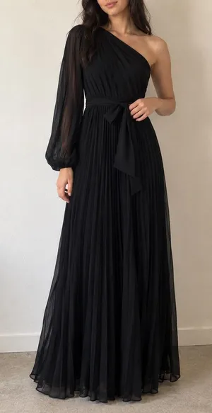 Lulus Divine Charm Black Pleated One-Shoulder Maxi Dress Small Evening Formal thumbnail 1