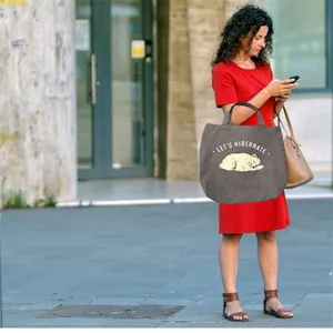 Grey Graphic Tote with Bear “LETS HIBERNATE” Gray thumbnail 2