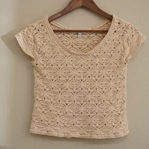 Vintage dELiA's XS Knit Top Beige Tan Pointelle Crochet Short Sleeve Shirt 90s thumbnail 1
