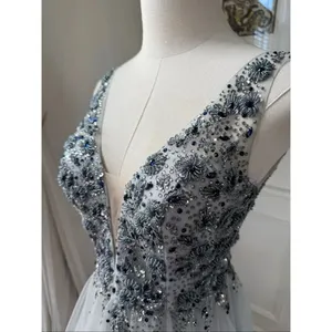 Dave & Johnny Grey Navy Blue Beaded Prom Dress Formal Ball Gown $438 0 thumbnail 4
