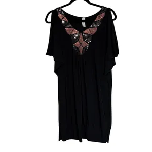 C Graffitti Sequin Cold‎ Shoulder Black Tunic Dress XL V Neck Dolman Sleeve thumbnail 2