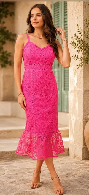 JUST ME Sleeveless Crochet Floral Bodycon Maxi Dress – Fuchsia thumbnail 1