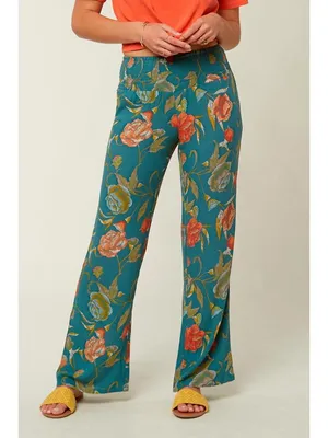 O’Neill Teal Floral Wide Leg Pants Smocked Waist Boho Resort Coastal Small Beach thumbnail 6
