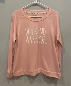 Rae Dunn Pink "WEEKEND WARRIOR." Pullover pink lightweight sweatshirt large thumbnail 1