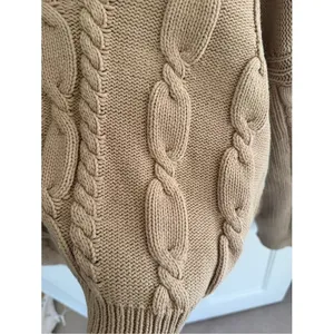 J.Crew V-Neck Cable Knit Sweater‎ Desert Camel Cotton Blend Large thumbnail 3