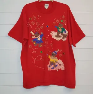 Red Christmas Top Bears Red Vintage India Ink Hand‎ Painted Bears Tee Size 2X thumbnail 1