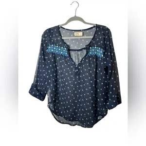 Hollister Navy Blue Embroidered Sheer Blouse‎ - Size Large thumbnail 2