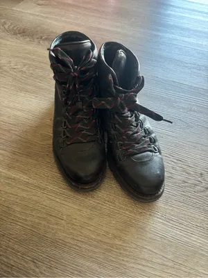 Frye Black Leather Lace-Up Hiker Boots with Red-Accented Laces thumbnail 6