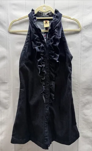 7 For All Mankind Dark Blue Denim Ruffle Button Front Sleeveless Jean Dress thumbnail 1
