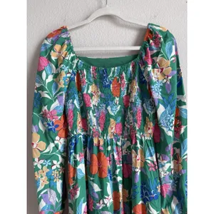 PRETTYGARDEN Green Tropical Floral Maxi Dress Smocked Cuff Square‎ Neck Boho M thumbnail 8
