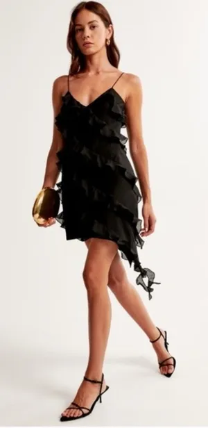Abercrombie & Fitch Black Ruffle Asymmetrical Handkerchief Hem Midi Dress‎ Large thumbnail 1