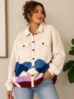 SO Cream Teddy Jacket with Blue, Purple & Burgundy Wave Panels thumbnail 1