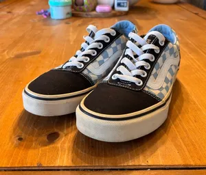 Vans womens old Skool checkerboard light blue and white sneakers 7 thumbnail 1
