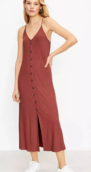 LOFT Sleeveless Midi Dress Adjustable Strap Rib Knit Button Front Size Large‎ thumbnail 1
