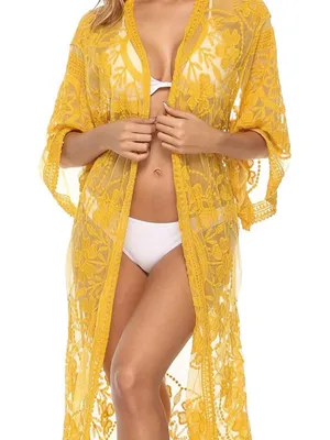 Women's Yellow Lace Swim Cover-Up Kimono thumbnail 1