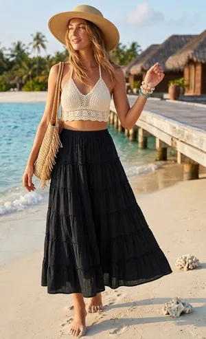Style & Co. Gauzy Cotton Maxi Skirt Black Size XL Beach Boho Coastal Vacation thumbnail 1
