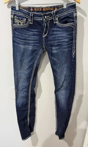 Rock Revival Kai Straight Jeans Dark Blue Denim Embroidered Flap Pockets Size 29 thumbnail 1