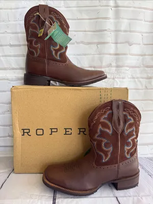Roper Brown Leather Western Boots with Blue and Cream Embroidery thumbnail 1
