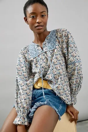 Othilia Anthro Laura Blue Floral Long Sleeve Peasant Blouse Boho Cottage Women M thumbnail 1