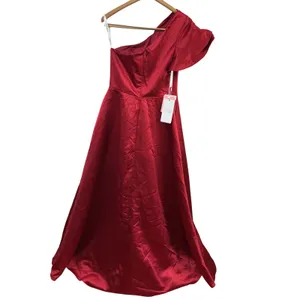 JJs House Burgundy Satin One Shoulder Ruffle Maxi‎ Gown Dress Pockets Size 4 NEW thumbnail 10