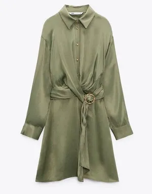 ZARA BELTED SATIN EFFECT FRONT TWIST MINI DRESS IN (khaki) GREEN SIZE S thumbnail 1