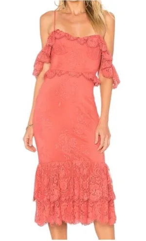 Lovers + Friends Blake Lace Ruffle Rose Pink Midi Dress Size XS Romantic Boho thumbnail 1