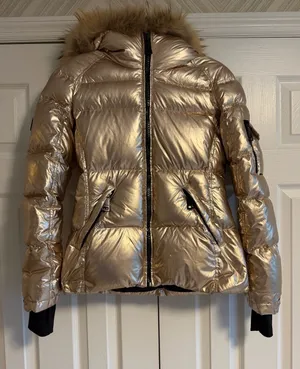 SAM. Women’s Medium Metallic Gold Puffer Jacket Real Fur Hood Trim Zipper Close thumbnail 1
