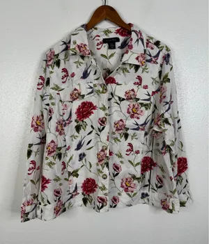 Tahari Floral Bird Print Linen Blend Jacket Womens 1X White Red Button Up New thumbnail 1