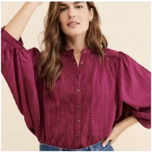 Anthropologie Pilcro Embroidered Swiss Dot Peasant Blouse Berry Magenta Small S thumbnail 1