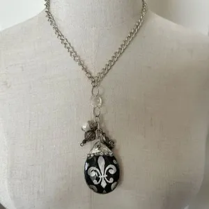 Fleur de lis teardrop pendant charm necklace thumbnail 1