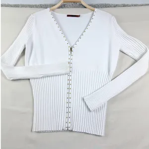Bellini Size M White Ribbed Zip Front Studded V Neck Cardigan Sweater Y2K Glam thumbnail 2