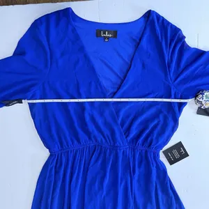 NWT Lulus Wondrous Water Lilies Royal‎ Blue Long Sleeve Slit Maxi Dress LARGE thumbnail 6