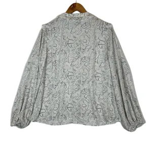 Cabi 4232 Women White Blue Abstract Scribble Ruffle‎ Collar Button Blouse Large thumbnail 2