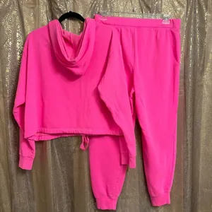 PINK Victorias Secret Cinched Crop Hoodie‎ & Sweatpants Atomic Pink Set L/XL thumbnail 2