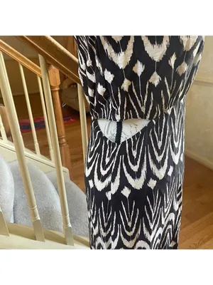 Zara Printed Midriff Cutout Brown Cream Ikat Tribal Puff Sleeve Maxi Dress Sz S thumbnail 7