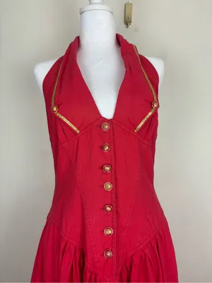Vintage 90s Karen Alexander red w gold braid and buttons halter dress full skirt thumbnail 3