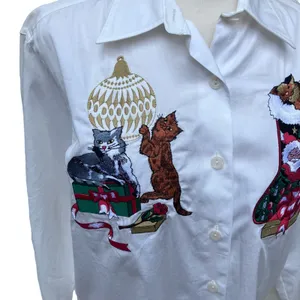 VTG Rafaella Shirt Sz L Cute Cats Holiday Christmas White Embroidered Button‎ Up thumbnail 2