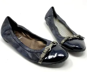 AGL Ballerina Flat‎ Shoes Cap Toe Metallic Patent Leather Navy Blue Size 8.5 thumbnail 1