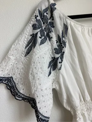 Anthropology Kindred White Embroidered Mini Dress with Navy Floral Accents thumbnail 3
