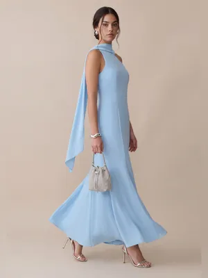 NWT Few Moda Citara Dress size 12 Light Blue one shoulder chiffon maxi o.p.t thumbnail 2