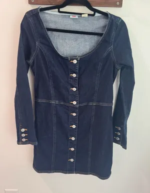 Levis Veda Denim Mini Dress Dark Wash Scoop‎ Neck Button Front Long Sleeve M thumbnail 1