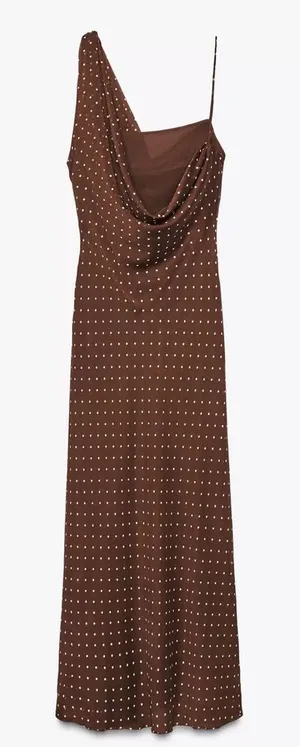 Zara NWT brown polka dot asymmetrical cowl draped detail midi maxi dress thumbnail 1
