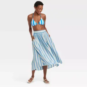 A New Day Women's Size Large Beach Bungalow Linen Midi Picnic Skirt Blue White thumbnail 3