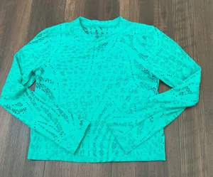 Noli Yoga Laser Cut Perforated Long Sleeve Top Turquoise Green Medium USA Made thumbnail 1