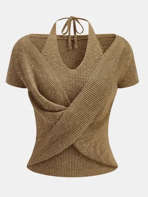 Commense S Brown Layered Wrap Knit Top Halter Tie Short Sleeve Y2K thumbnail 1