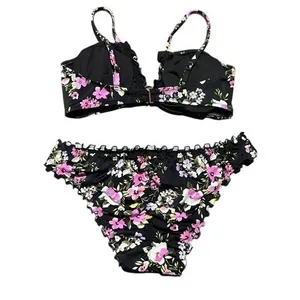 Shade & Shore‎ Womens Floral Bikini Set Black Pink Ruffle Edge Coquette Medium thumbnail 3