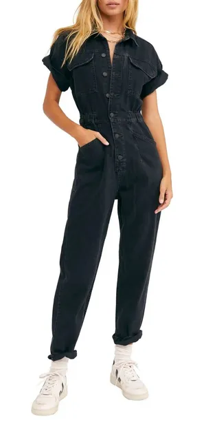 Free People Marci Denim Jumpsuit M Iron Black Utility Coverall Boiler Suit Work thumbnail 1