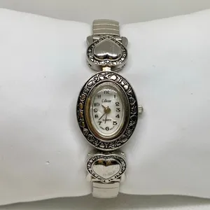 Collezio women silver tone watch 20mm oval hearts mop dial size 7” running thumbnail 1