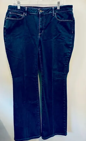Eddie Bauer Women’s Curvy Trouser Boot Cut Denim Jeans Stretch Dark Blue Size 16 thumbnail 1
